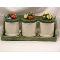 White Ceramic Jars Green Lids Wood Shelf