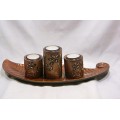Leaf-shaped Wooden Tray 3 Candle Holders Stones